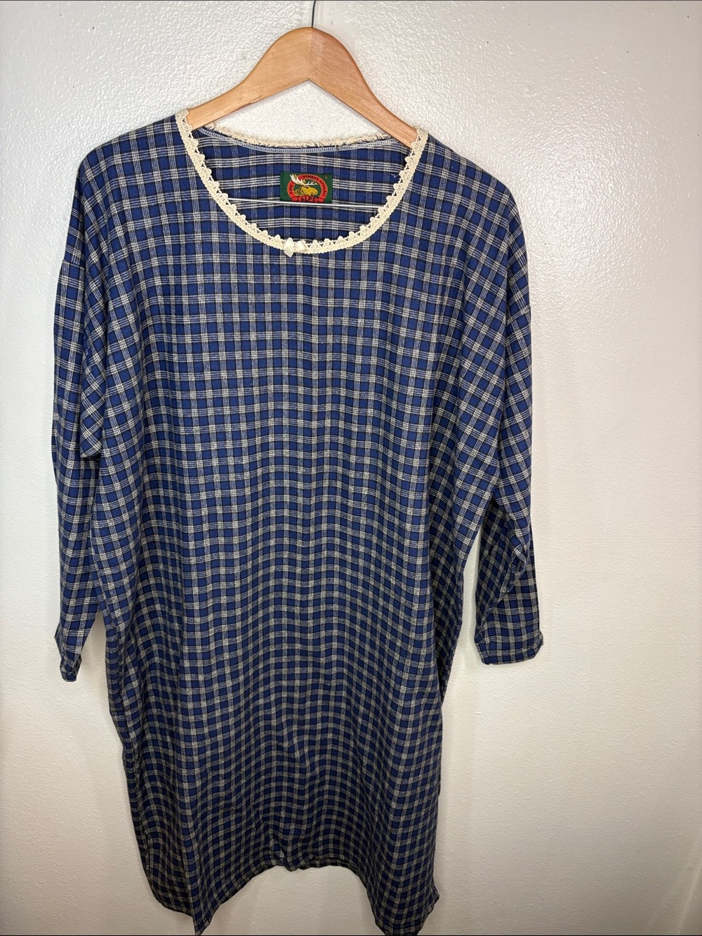 Alps Blue Plaid Cotton Lace Collar Long Sleeve Nightgown USA Women Size L